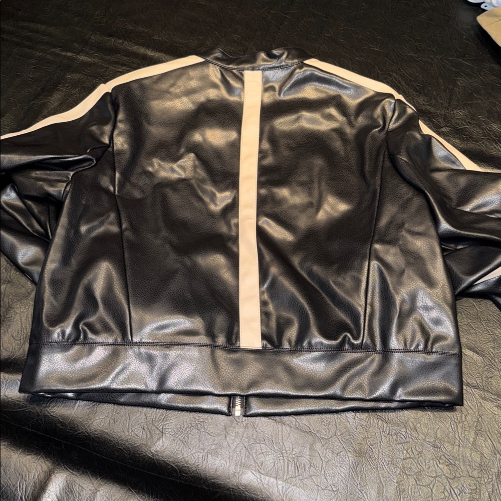 Democracy Black Faux Leather Jacket with Tan Stripes, size L, NWT, Retail $118 - Picture 7 of 7